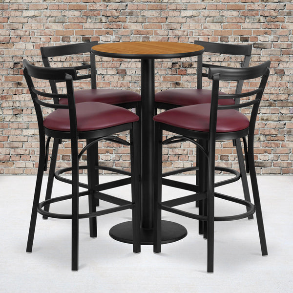 Natural Top/Burgundy Vinyl Seat |#| 24inch Round Natural Laminate Table w/ Round Base & 4 Ladder Back Metal Barstools