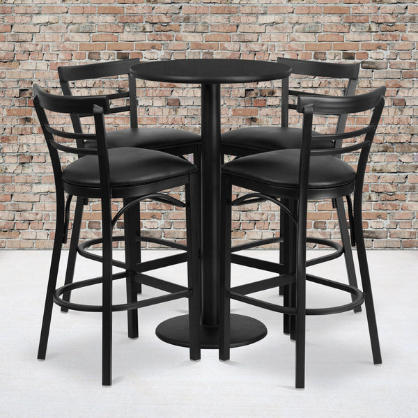 Black Top/Black Vinyl Seat |#| 24inch Round Black Laminate Table with Round Base & 4 Ladder Back Metal Barstools