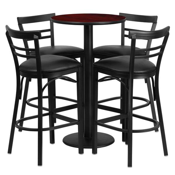 Mahogany Top/Black Vinyl Seat |#| 24inch Round Mahogany Laminate Table w/ Round Base & 4 Ladder Back Metal Barstools