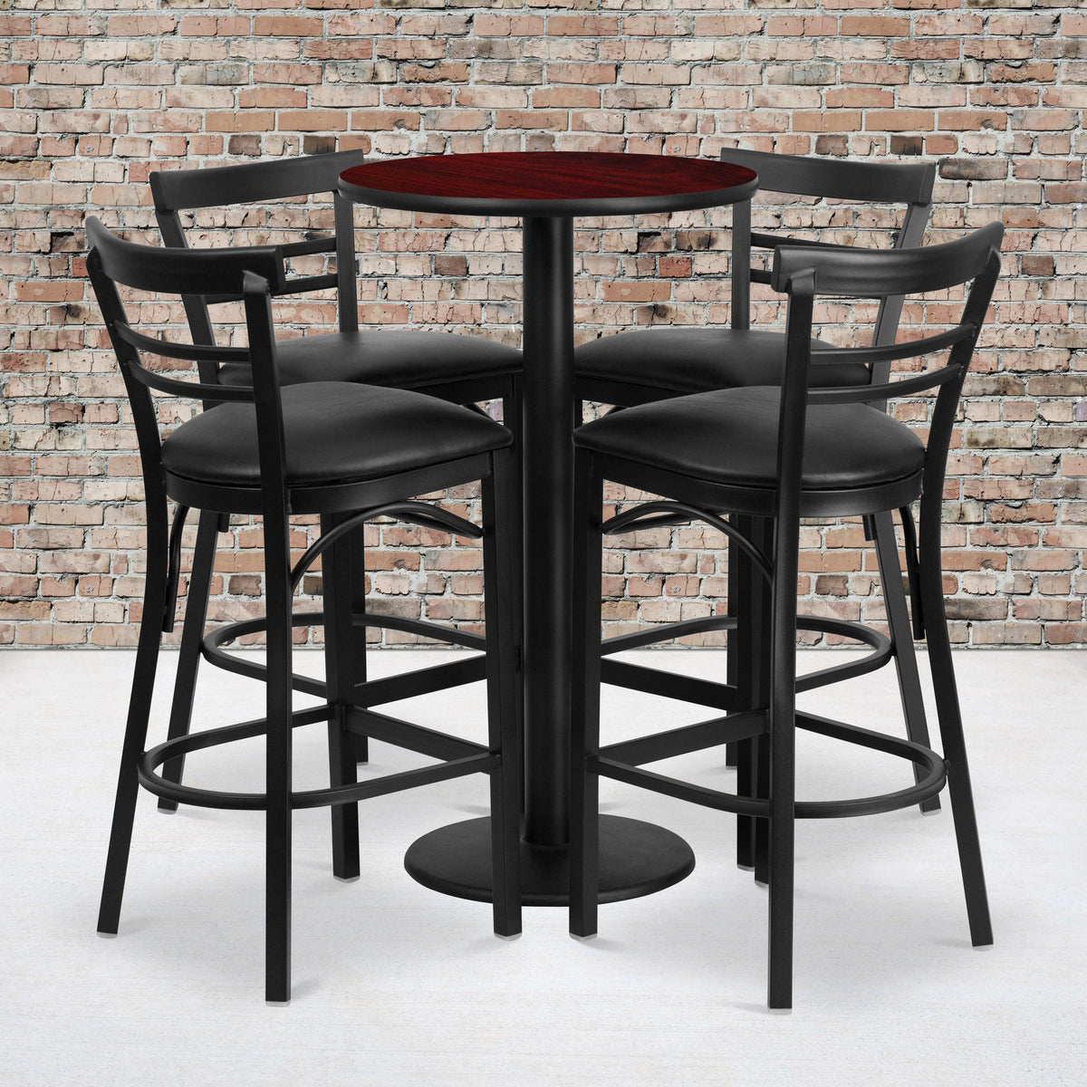 Mahogany Top/Black Vinyl Seat |#| 24inch Round Mahogany Laminate Table w/ Round Base & 4 Ladder Back Metal Barstools