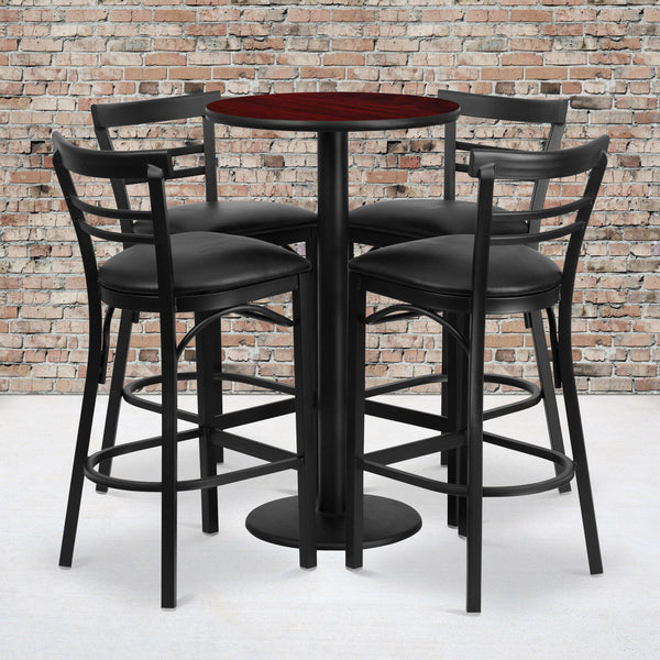 Mahogany Top/Black Vinyl Seat |#| 24inch Round Mahogany Laminate Table w/ Round Base & 4 Ladder Back Metal Barstools