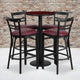 Mahogany Top/Burgundy Vinyl Seat |#| 24inch Round Mahogany Laminate Table w/ Round Base & 4 Ladder Back Metal Barstools