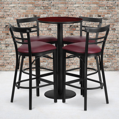 24'' Round Laminate Table Set with Round Base and 4 Two-Slat Ladder Back Metal Barstools - View 2