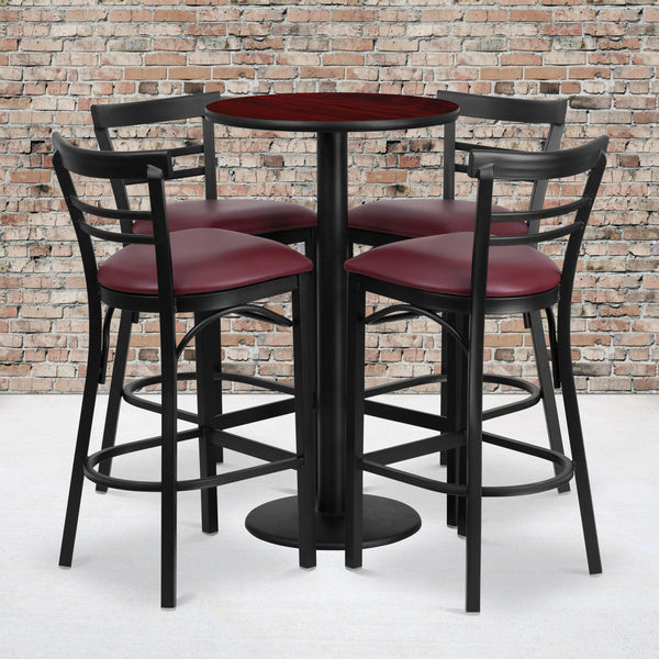 Mahogany Top/Burgundy Vinyl Seat |#| 24inch Round Mahogany Laminate Table w/ Round Base & 4 Ladder Back Metal Barstools