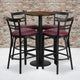 Walnut Top/Burgundy Vinyl Seat |#| 24inch Round Walnut Laminate Table with Round Base & 4 Ladder Back Metal Barstools