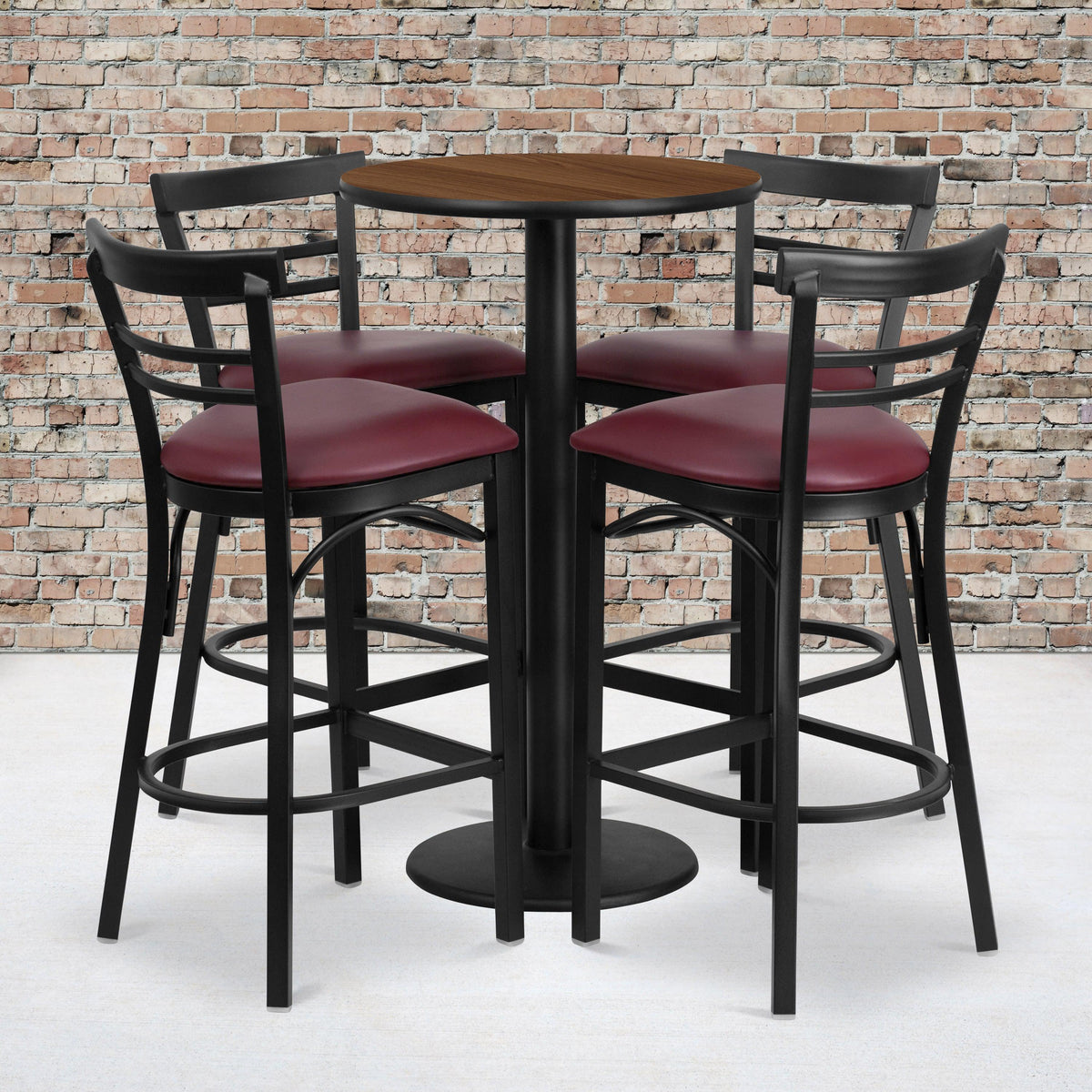 Walnut Top/Burgundy Vinyl Seat |#| 24inch Round Walnut Laminate Table with Round Base & 4 Ladder Back Metal Barstools