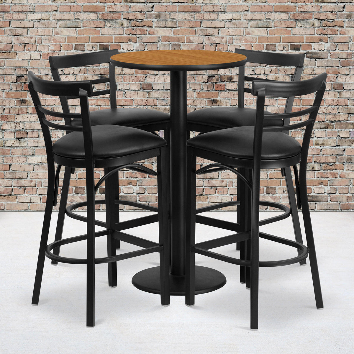 Natural Top/Black Vinyl Seat |#| 24inch Round Natural Laminate Table with Round Base & 4 Ladder Back Metal Barstools