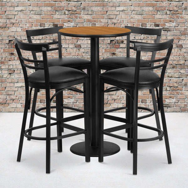 Natural Top/Black Vinyl Seat |#| 24inch Round Natural Laminate Table with Round Base & 4 Ladder Back Metal Barstools
