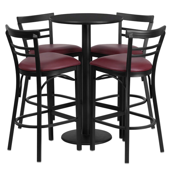 Black Top/Burgundy Vinyl Seat |#| 24inch Round Black Laminate Table with Round Base & 4 Ladder Back Metal Barstools