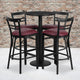Black Top/Burgundy Vinyl Seat |#| 24inch Round Black Laminate Table with Round Base & 4 Ladder Back Metal Barstools