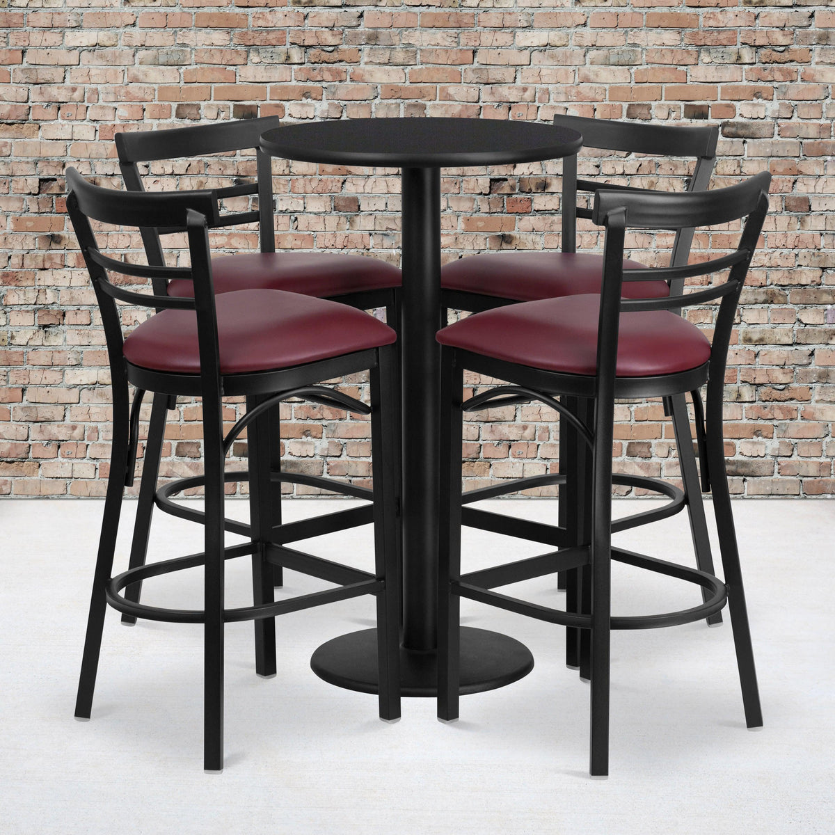 Black Top/Burgundy Vinyl Seat |#| 24inch Round Black Laminate Table with Round Base & 4 Ladder Back Metal Barstools