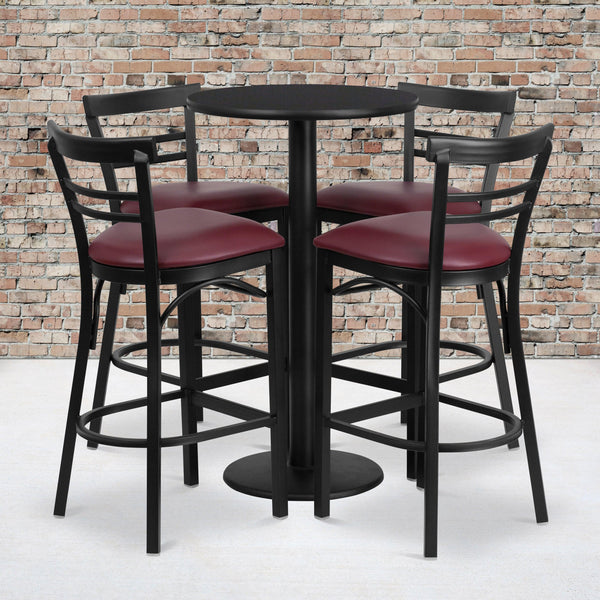 Black Top/Burgundy Vinyl Seat |#| 24inch Round Black Laminate Table with Round Base & 4 Ladder Back Metal Barstools