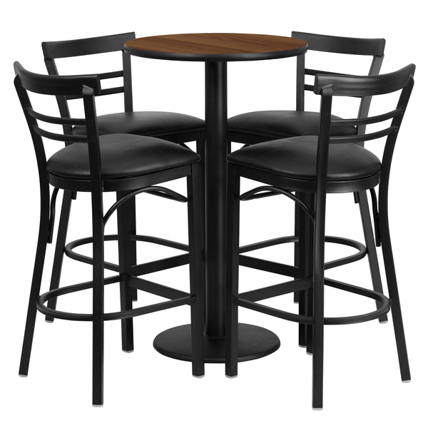 Walnut Top/Black Vinyl Seat |#| 24inch Round Walnut Laminate Table with Round Base & 4 Ladder Back Metal Barstools