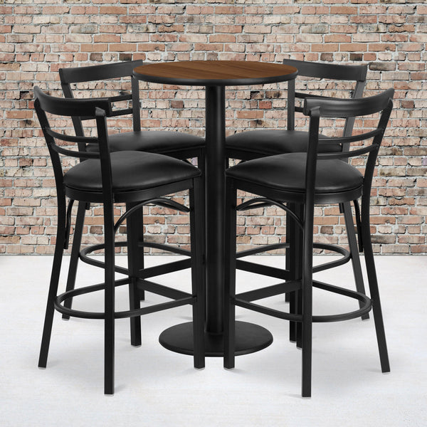 Walnut Top/Black Vinyl Seat |#| 24inch Round Walnut Laminate Table with Round Base & 4 Ladder Back Metal Barstools