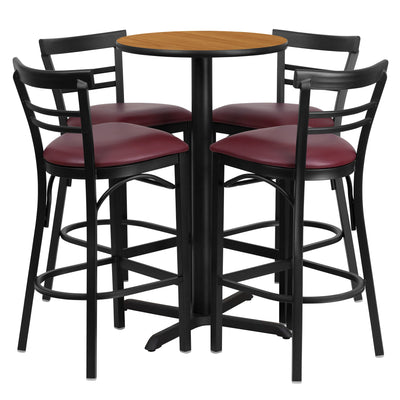 24'' Round Laminate Table Set with X-Base and 4 Two-Slat Ladder Back Metal Barstools - View 1