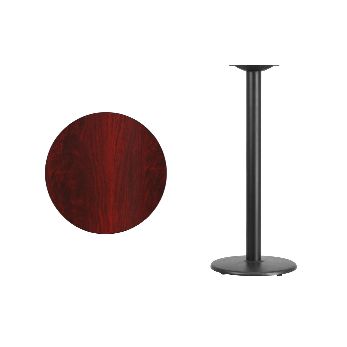Mahogany |#| 24inch Round Mahogany Laminate Table Top with 18inch Round Bar Height Table Base