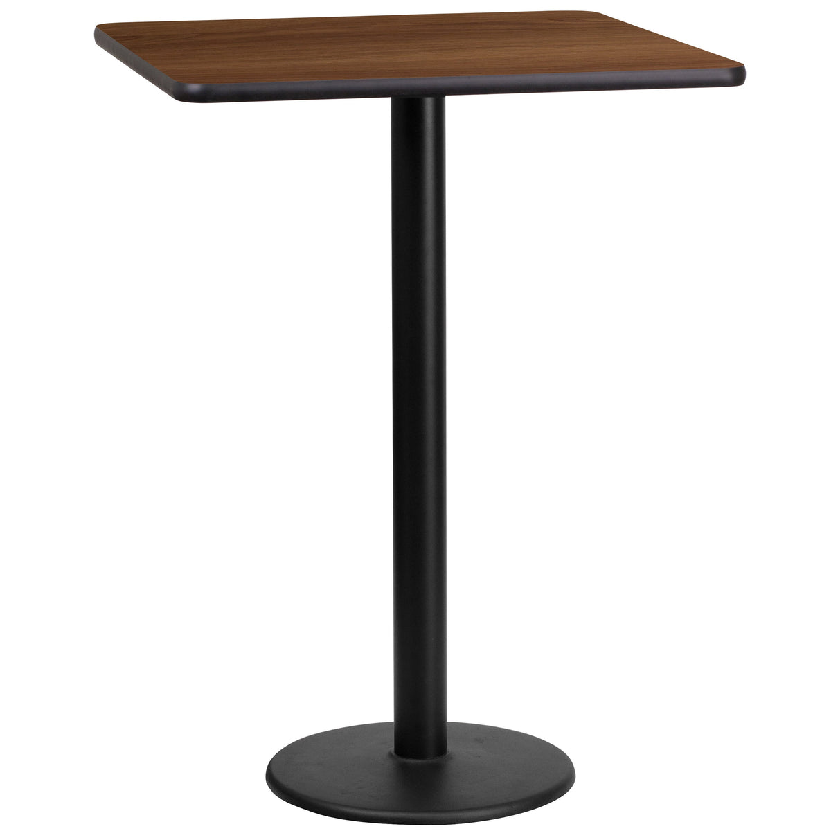 Walnut |#| 24inch Square Walnut Laminate Table Top with 18inch Round Bar Height Table Base
