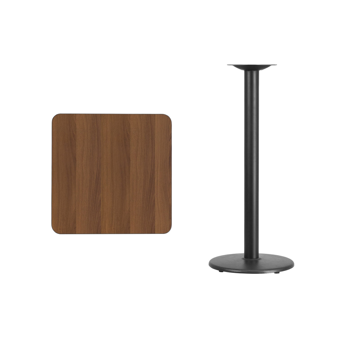 Walnut |#| 24inch Square Walnut Laminate Table Top with 18inch Round Bar Height Table Base
