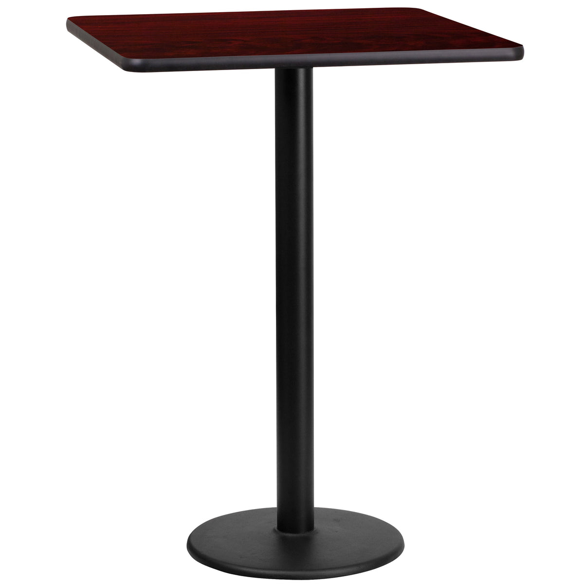 Mahogany |#| 24inch Square Mahogany Laminate Table Top with 18inch Round Bar Height Table Base