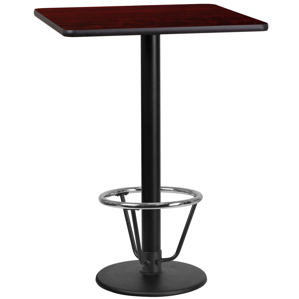 Mahogany |#| 24inch SQ Mahogany Laminate Table Top with 18inch RD Bar Height Table Base & Foot Ring