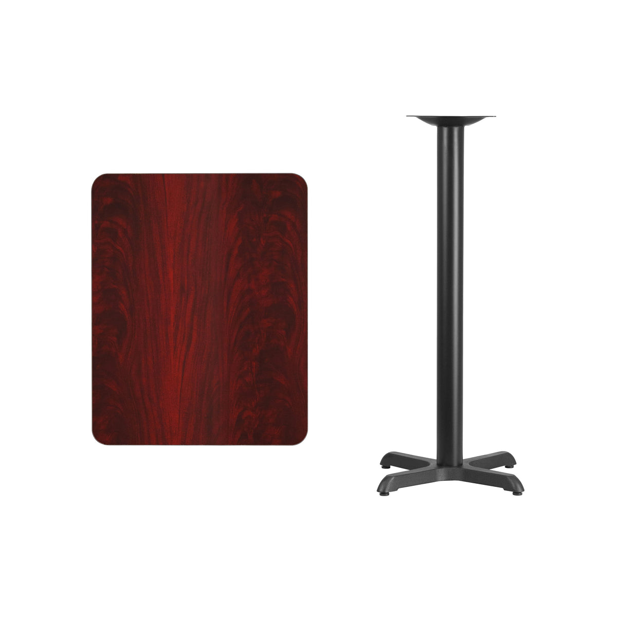 Mahogany |#| 24inch x 30inch Mahogany Laminate Table Top with 22inch x 22inch Bar Height Table Base
