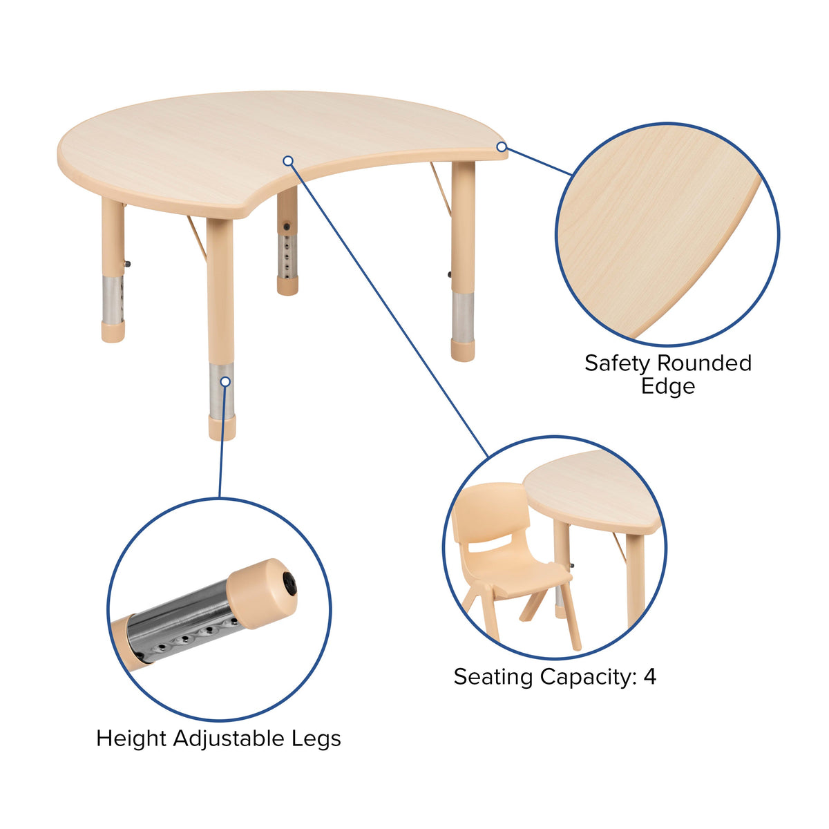 25.125inchW x 35.5inchL Crescent Natural Plastic Adjustable Activity Table-Seats 4