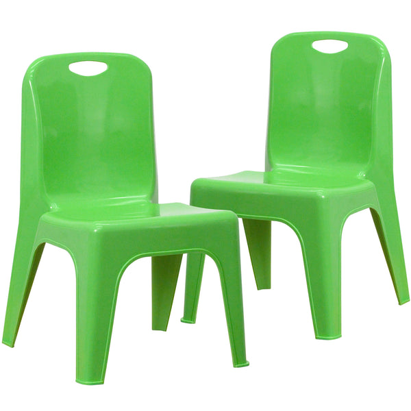 Green |#| 2 Pack Green Plastic Stackable School Chair with Carrying Handle and 11inchH Seat