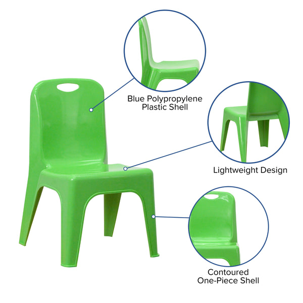 Green |#| 2 Pack Green Plastic Stackable School Chair with Carrying Handle and 11inchH Seat