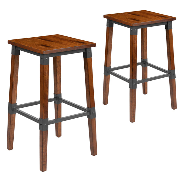 2 Pack Commercial Grade Rustic Walnut Industrial Style Backless Wood Barstool