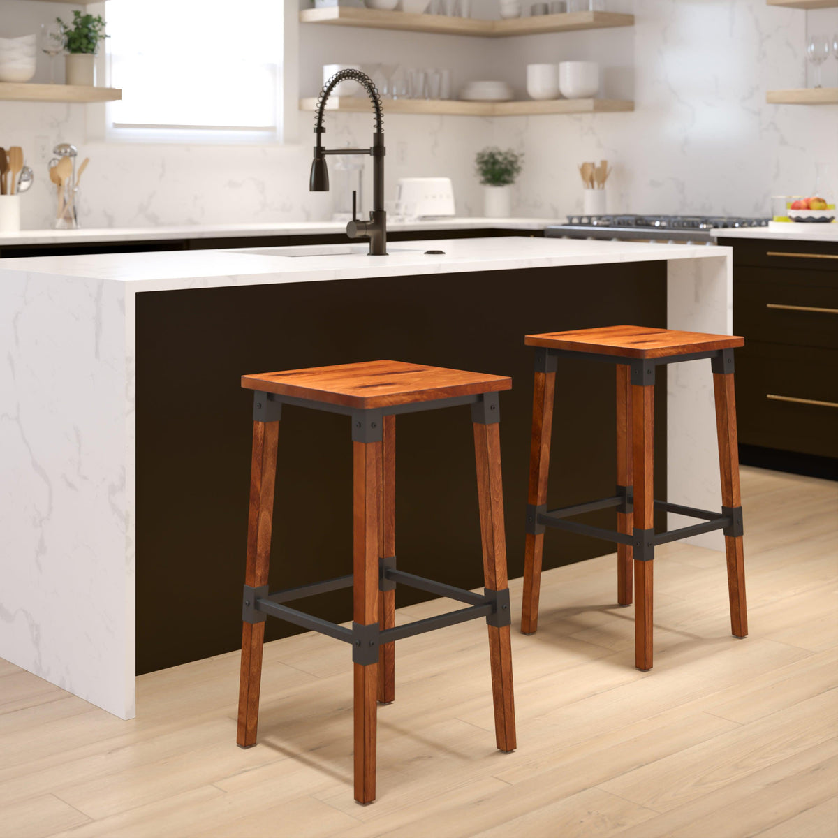 2 Pack Commercial Grade Rustic Walnut Industrial Style Backless Wood Barstool