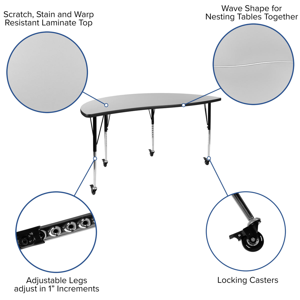 Grey |#| 2 Piece Mobile 60inch Circle Flexible Grey Adjustable Activity Table Set