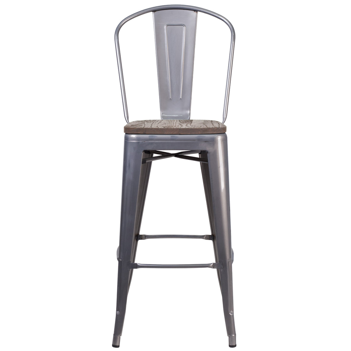 30inch High Clear Coated Barstool with Back and Wood Seat
