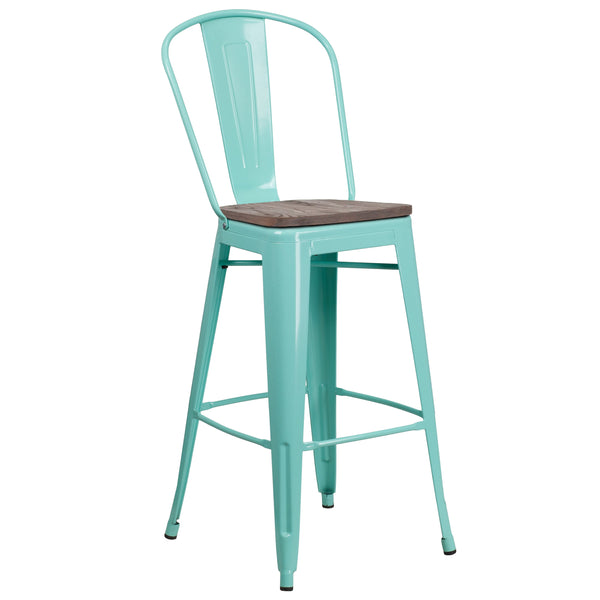 Mint Green |#| 30inch High Mint Green Metal Barstool with Back and Wood Seat
