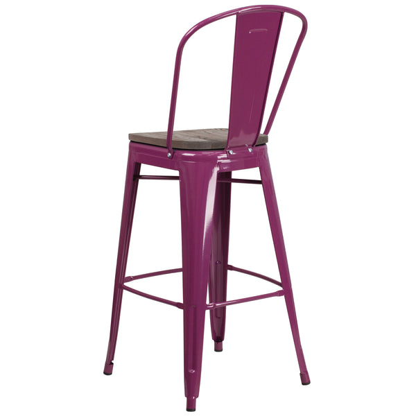 Purple |#| 30inch High Purple Metal Barstool with Back and Wood Seat