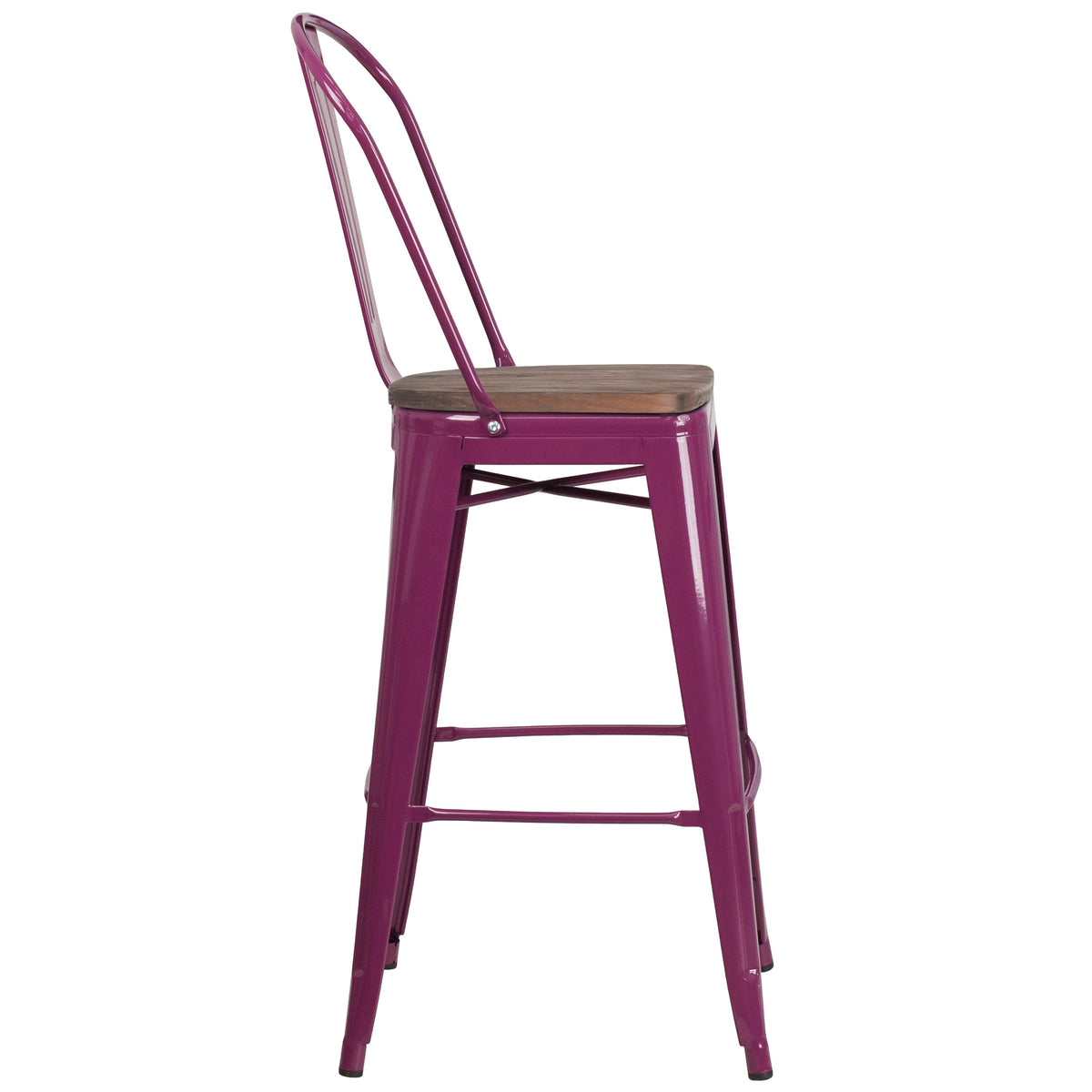 Purple |#| 30inch High Purple Metal Barstool with Back and Wood Seat