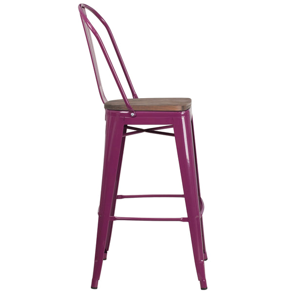 Purple |#| 30inch High Purple Metal Barstool with Back and Wood Seat