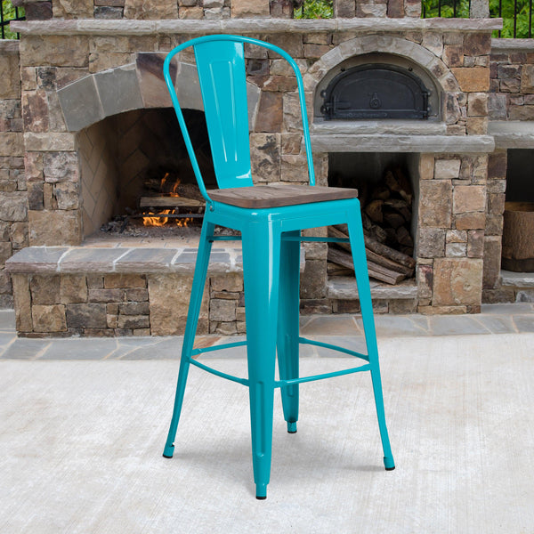 Crystal Teal-Blue |#| 30inch High Crystal Teal-Blue Metal Barstool with Back and Wood Seat