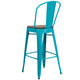 Crystal Teal-Blue |#| 30inch High Crystal Teal-Blue Metal Barstool with Back and Wood Seat