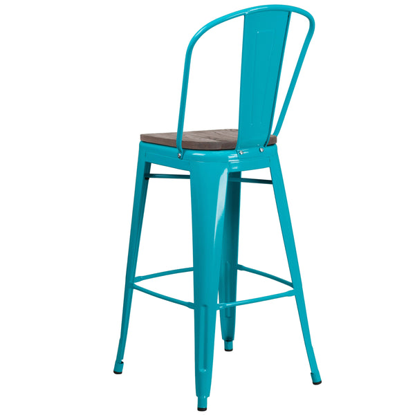 Crystal Teal-Blue |#| 30inch High Crystal Teal-Blue Metal Barstool with Back and Wood Seat