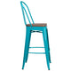 Crystal Teal-Blue |#| 30inch High Crystal Teal-Blue Metal Barstool with Back and Wood Seat