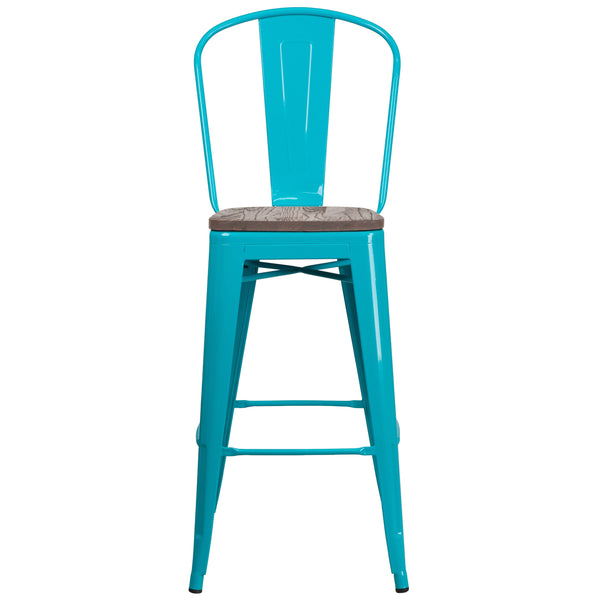 Crystal Teal-Blue |#| 30inch High Crystal Teal-Blue Metal Barstool with Back and Wood Seat