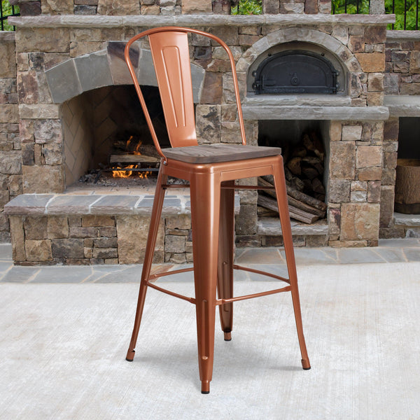 Copper |#| 30inch High Copper Metal Barstool with Back and Wood Seat