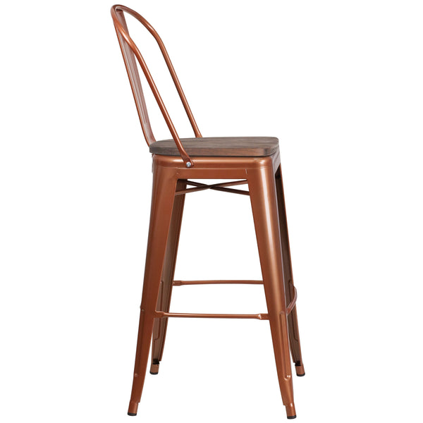 Copper |#| 30inch High Copper Metal Barstool with Back and Wood Seat