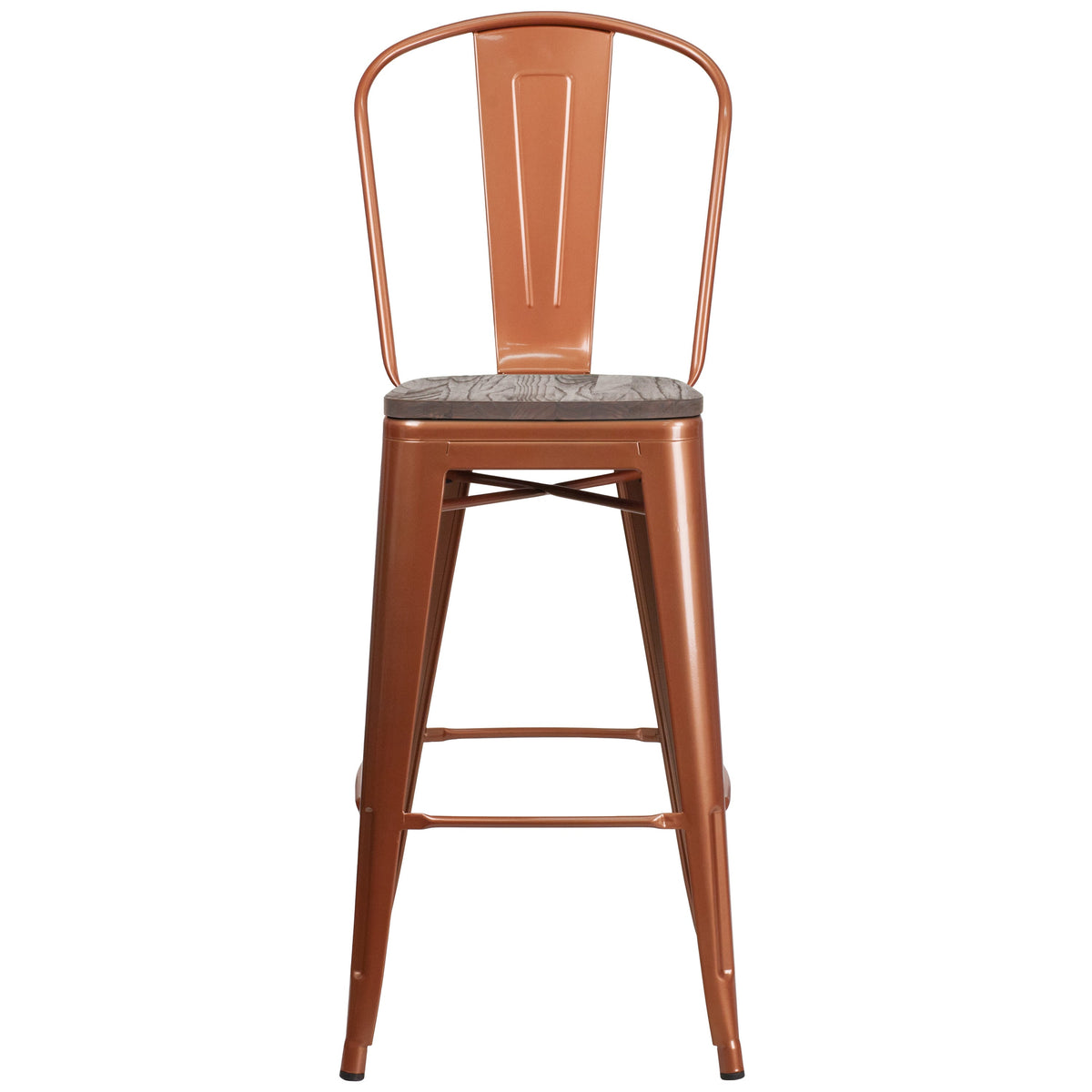 Copper |#| 30inch High Copper Metal Barstool with Back and Wood Seat