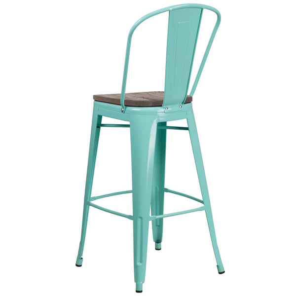 Mint Green |#| 30inch High Mint Green Metal Barstool with Back and Wood Seat