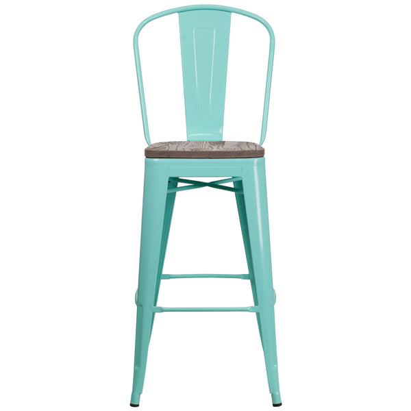 Purple |#| 30inch High Purple Metal Barstool with Back and Wood Seat