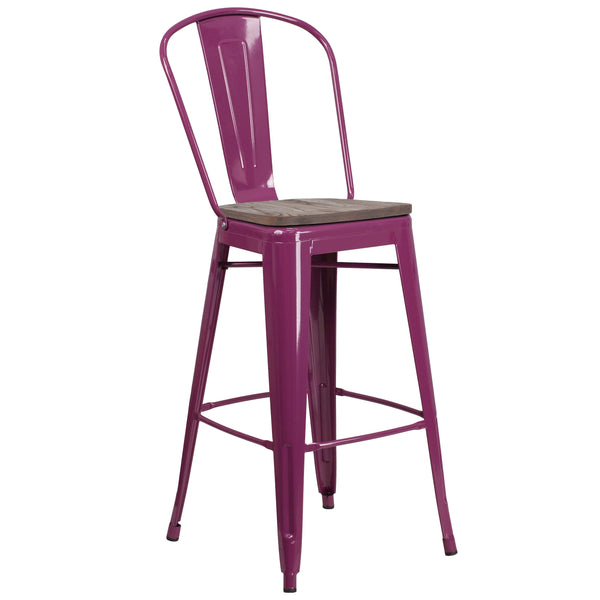 Purple |#| 30inch High Purple Metal Barstool with Back and Wood Seat