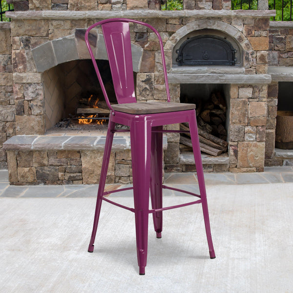 Purple |#| 30inch High Purple Metal Barstool with Back and Wood Seat