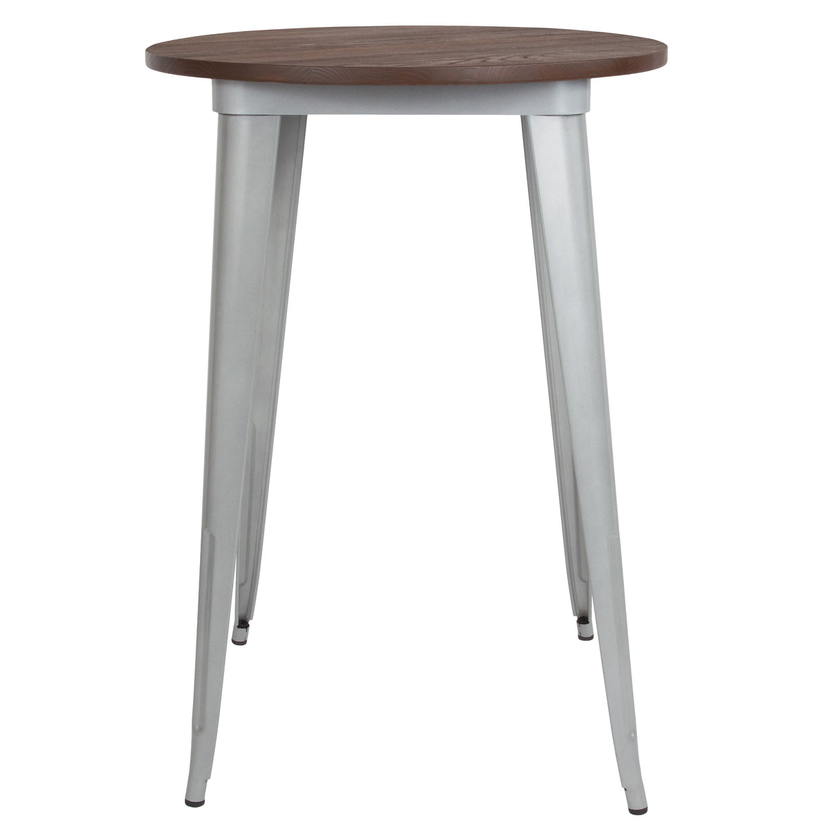 Silver |#| 30inch Round Silver Metal Indoor Bar Height Table with Walnut Rustic Wood Top