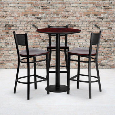 30'' Round Laminate Table Set with 3 Grid Back Metal Barstools - View 2